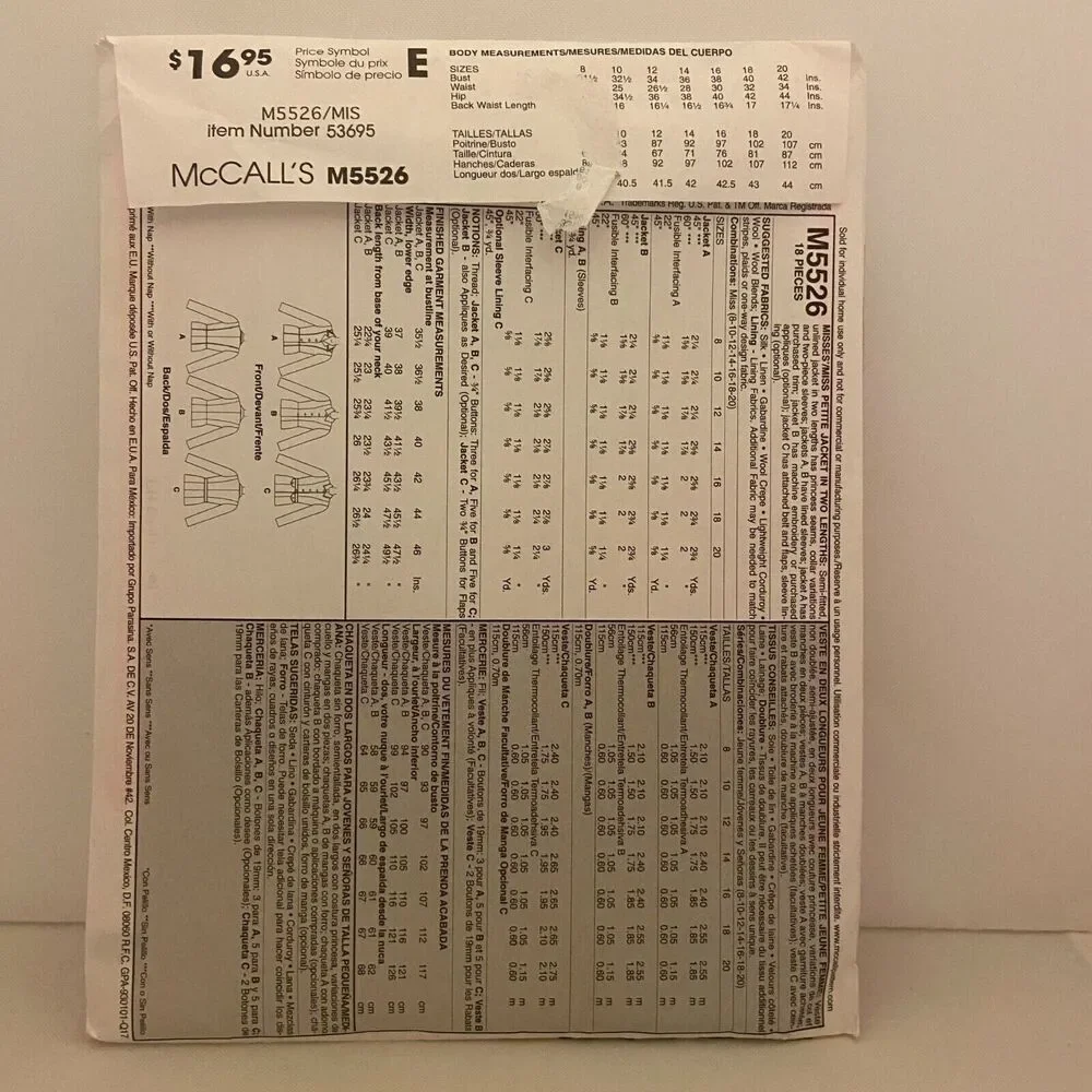 #M5526 McCalls Misses Jacket Sewing Pattern Size 8-20